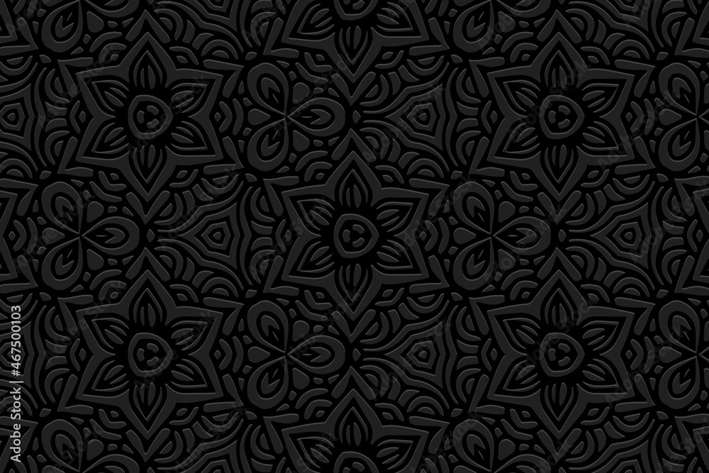 Embossed black background design, floral banner with geometric volumetric convex ethnic 3D pattern. Oriental, Indonesian, Mexican, Aztec style, handmade technique, art deco.