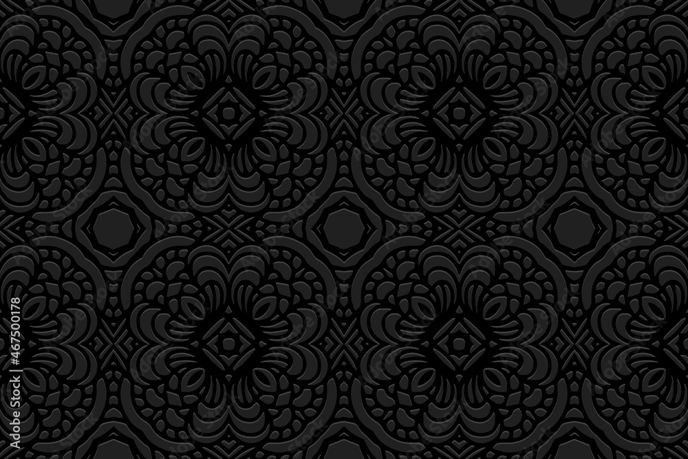 Embossed black background design, creative banner with geometric volumetric convex ethnic 3D pattern. Oriental, Indonesian, Mexican, Aztec style, handmade technique, art deco.
