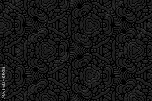 Embossed black background design, original banner with geometric volumetric convex ethnic 3D pattern. Oriental, Indonesian, Mexican, Aztec style, handmade technique, art deco.