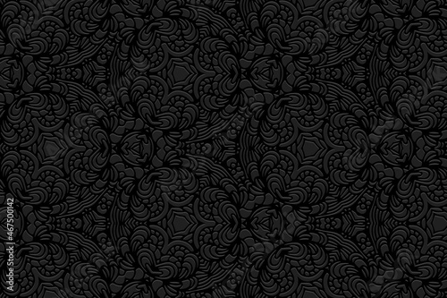 Embossed black background design, abstract banner with geometric volumetric convex ethnic 3D pattern. Oriental, Indonesian, Mexican, Aztec style, handmade technique, art deco.