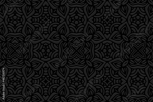 Embossed black background design, modern banner with geometric volumetric convex ethnic 3D pattern. Oriental, Indonesian, Mexican, Aztec style, handmade technique, art deco.