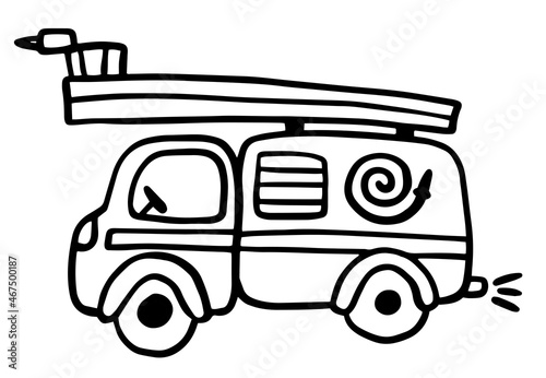 Vector illustration of a fire truck. cute kids coloring book. for boys. Hand drawing. Doodle style