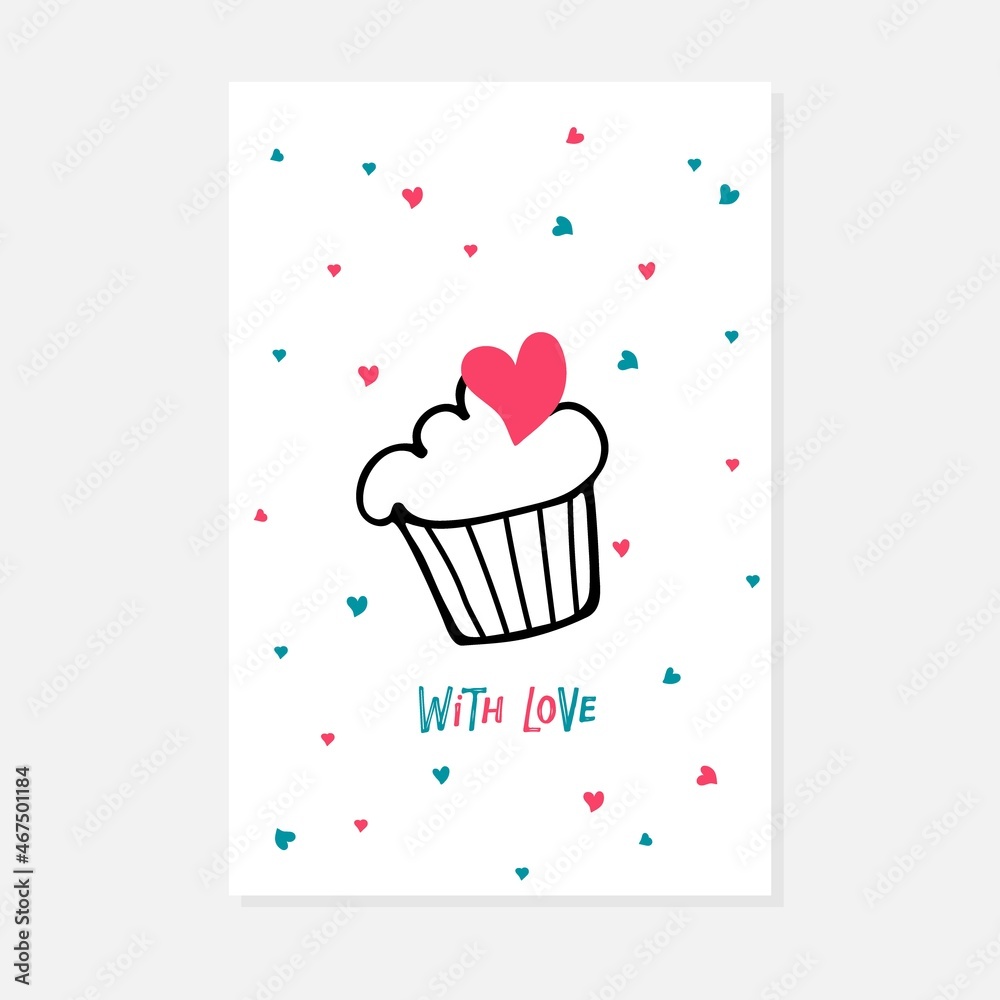 Capcake linear sketch and with love lettering. St. Valentine's Day card on hearts background. Love quote. Flat vector illustration for Valentines day with cake. Valentine's Day concept.