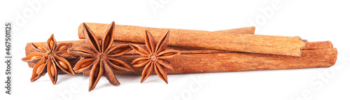 Cinnamon sticks and anise star isolated on white background