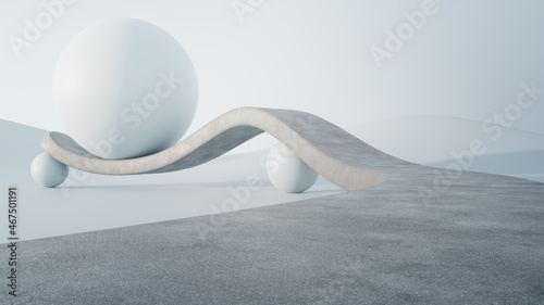 Empty asphalt floor for car park. 3d rendering of abstract gray road with white curved geometric shape background.
