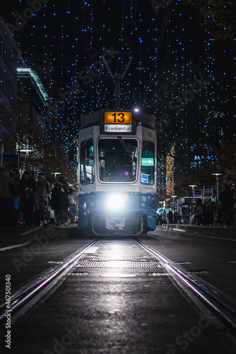 Tram in Zurich under Christmas lights