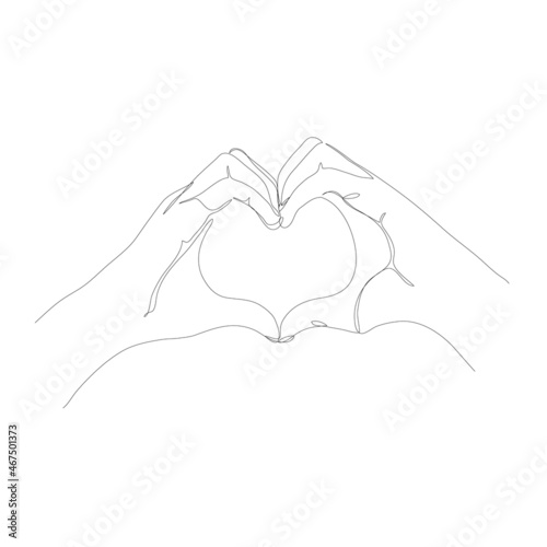 Symbol of love in vector illustration. Female hands making sign Heart by fingers, isolated on white background line art. For logo, packaging cosmetics, beauty Studio, tattoo, Spa, manicure, jewelry.