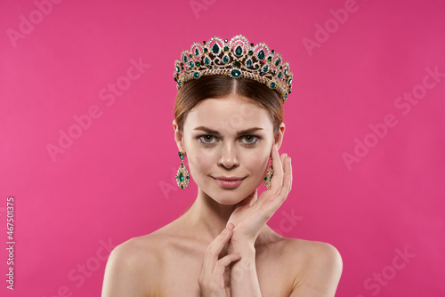 attractive woman naked shoulders jewelry cosmetics posing isolated background
