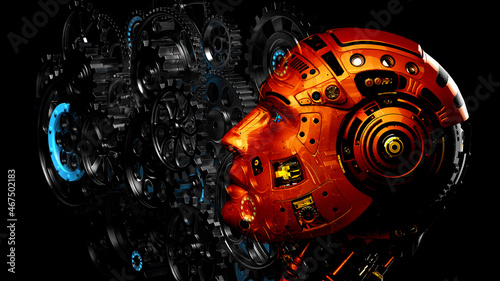 Detailed appearance of the orange AI Robot and Mechanism black metallic gears and cogs at work on black plate under spot light background. 3D sketch design and illustration. 3D high quality rendering.