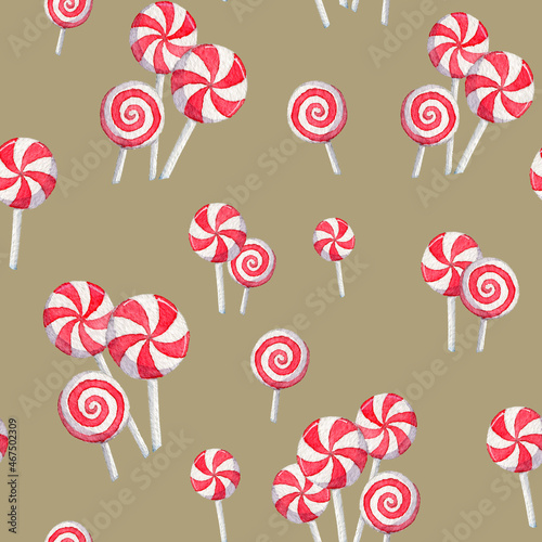 Christmas seamless pattern with hand drawn red candy cane on brown background. Seamless pattern with watercolor candies and lollipops. Illustration for wrapping paper, fabric, greeting cards design.