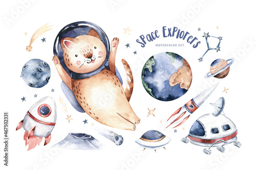 Fototapeta samoprzylepna Astronauta kot, gwiazdy, planeta, księżyc, rakieta i wahadłowiec, statek kosmiczny.