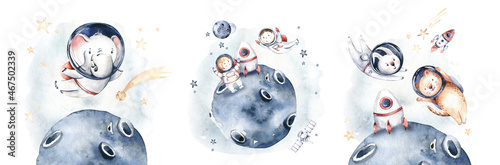 Astronaut baby boy girl elephant, fox cat and bunny, space suit, cosmonaut stars, planet, moon, rocket and shuttle isolated watercolor space ship illustration on white background, Spaceman 