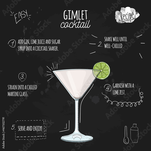 Gimlet Cocktail Illustration Recipe on Blackboard