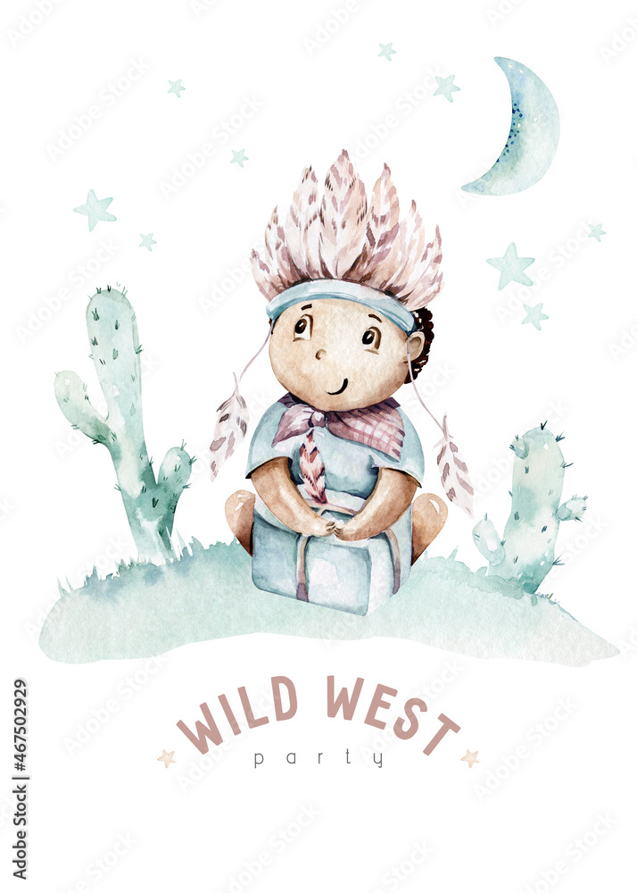 Western baby boy cowboy in cowboy hat on hay bales watercolor illustration. Cartoon sheriff ans American tribes teepee design. Wild West birthday invitation Western baby boy cowboy in cowboy hat on hay bales watercolor illustration. Cartoon sheriff ans American tribes teepee design. Wild West birthday invitation