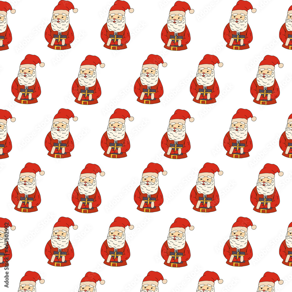 Santa Claus with a gift,cartoon style. A fabric design element. Fabric pattern. Fashion background creative background.