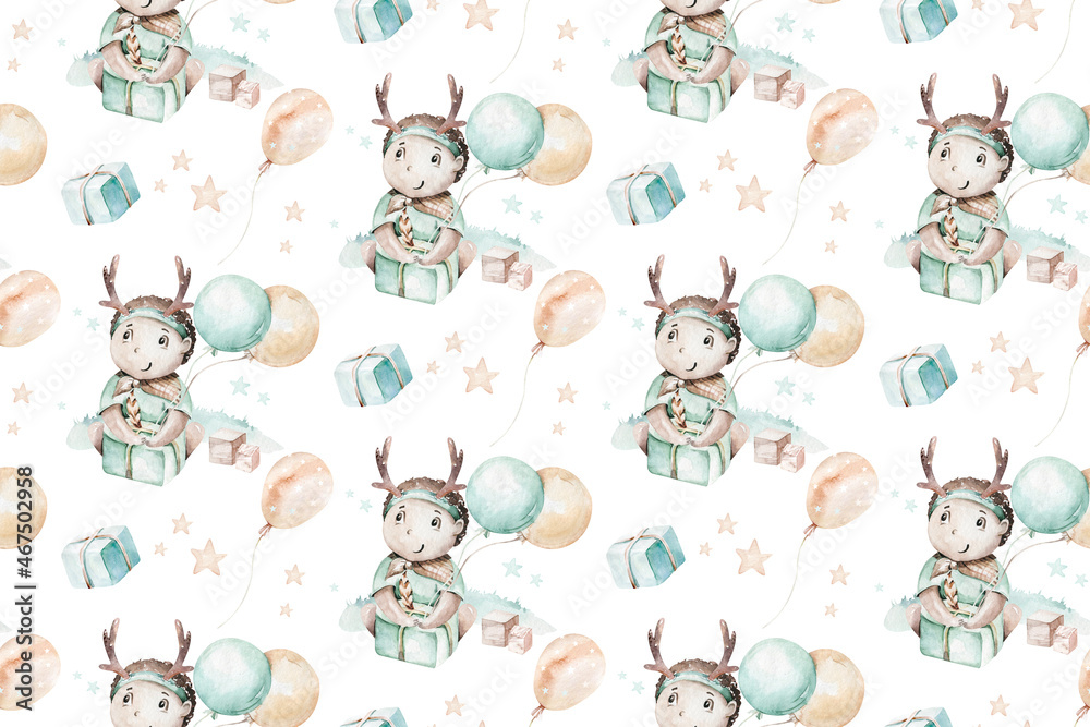 Western baby boy cowboy seamless pattern and teepee tent watercolor illustration. Cartoon and American tribes teepee nurseru design. Wild West birthday invitation Western baby boy cowboy seamless pattern and teepee tent watercolor illustration. Cartoon and American tribes teepee nurseru design. Wild West birthday invitation
