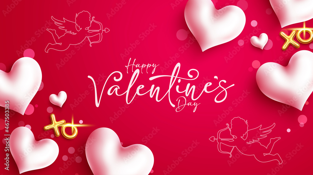 Valentines day vector background design. Happy valentine's day typography text in red background with hearts and cupid line art decoration for love celebration greeting. Vector illustration.
