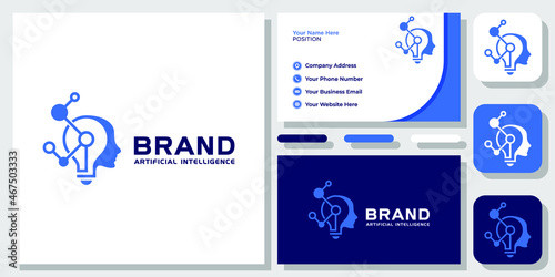 Human Head Mindset Science Technology Digital Brain Lamp Logo Design with Business Card Template
