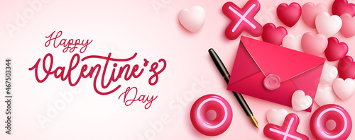 Valentines day letter vector design. Happy valentine's day text with envelope, pen and balloon pink romantic elements for girly love letter celebration decoration. Vector illustration.
