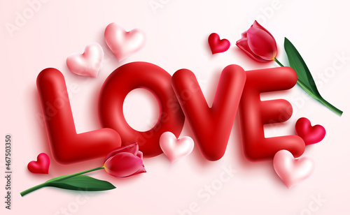 Valentines love vector concept design. Love 3d text with tulips and hearts valentine elements in pink background for hearts day and lovers celebration decoration. Vector illustration.
