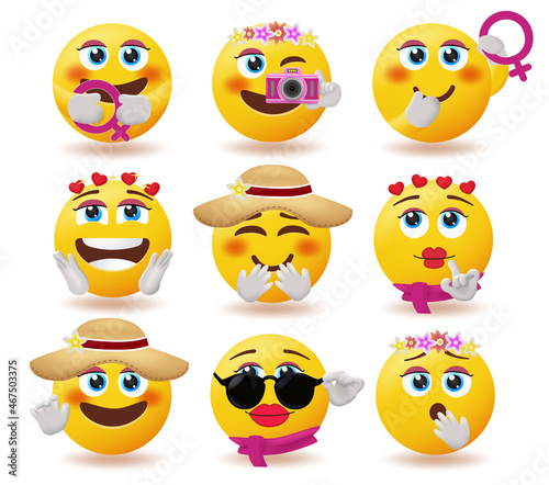 Women smiley characters vector set. Woman emoji collection with cute and beautiful facial expressions and feminine elements for woman's day female emoticons design. Vector illustration. 