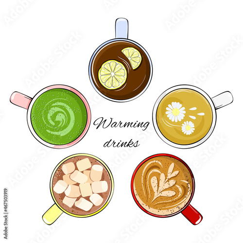 Warming drinks set in vector. Black, hot tea with lemon, latte, matcha, cocoa with marshmallows, green tea with chamomile.