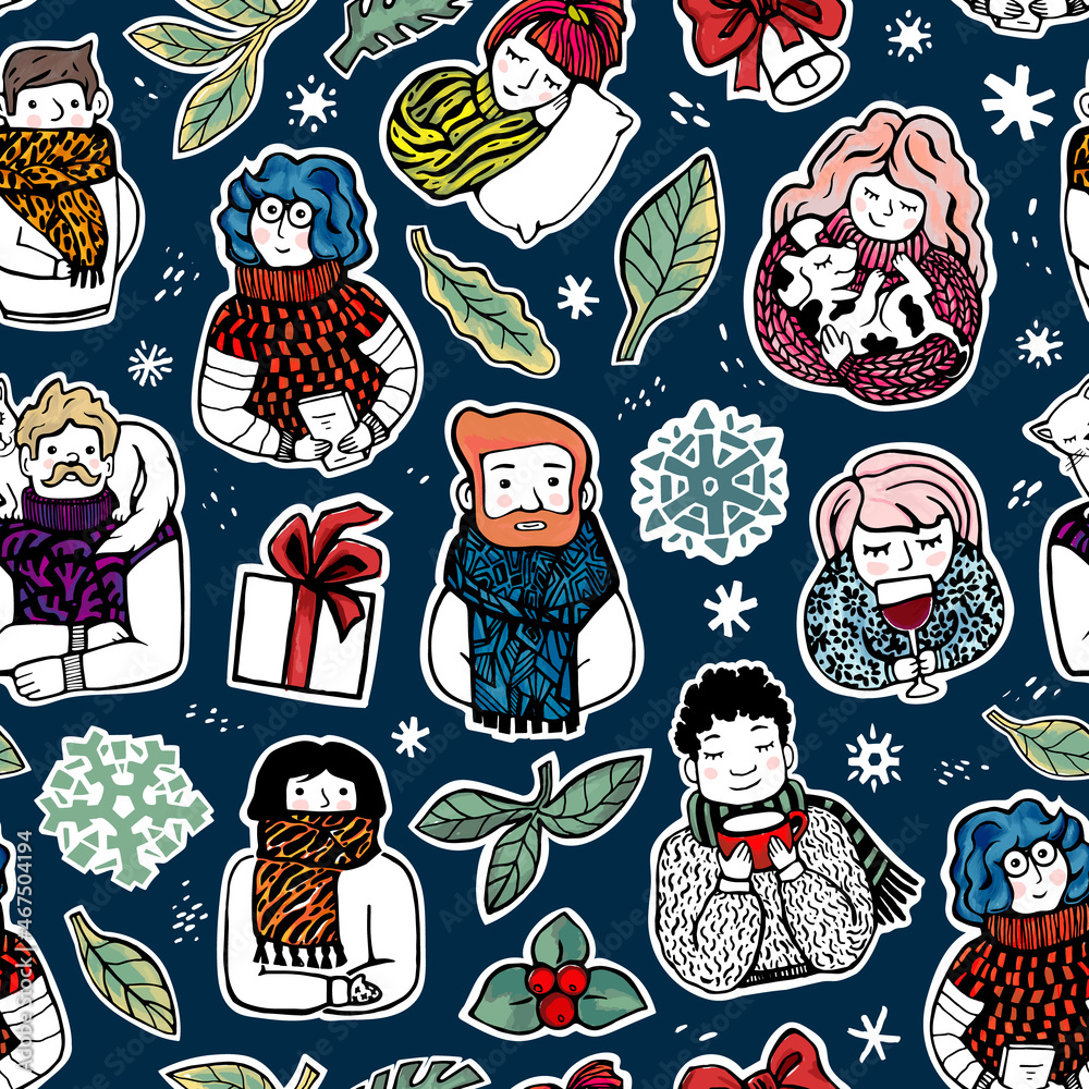 Cute people and pets with Christmas elements. Blue funny winter seamless pattern for wrapping paper, background, postcards or other design. Isolated.