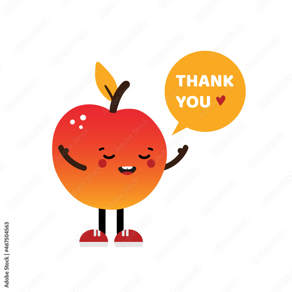 Cute cartoon style orange red apple character with speech bubble saying ...