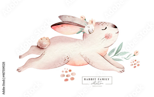Watercolor Happy Easter baby bunnies design with spring blossom flower. Rabbit bunny kids illustration isolated. Hand drawn Easter cartoon forest hare animal bunny holiday funny decoration.
