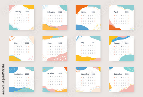 Calendar 2022 template. 2022 calendar planner template set. Week starts on sunday. Vector illustration.