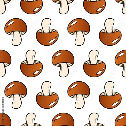 Cute doodle penny bun mushrooms vector seamless pattern background for seasonal and cooking design.