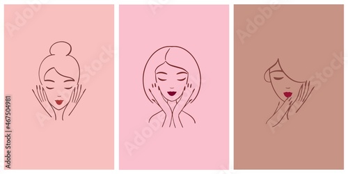 Set of elegant logo for a beauty salon, nail studio. Line woman portrait with hands. 