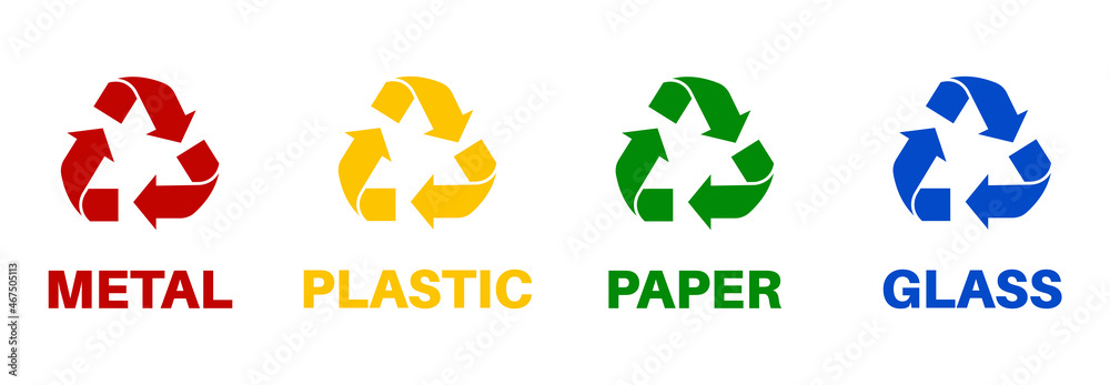  Recycling waste sorting - plastic, glass, metal, paper. Vector illustration.