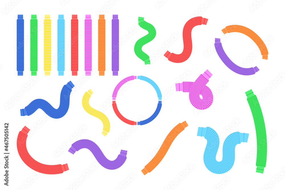 Obraz premium Pop tubes isolated. Trendy 2021 sensory fidgets poptubes collection. Popular antistress toys for children. Vector set illustration