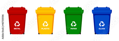 Containers for recycling waste sorting - plastic, glass, metal, paper. Vector illustration.