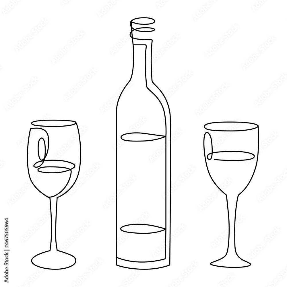 Line art set, bottle of wine with two glasses Line art set, bottle of wine with two glasses