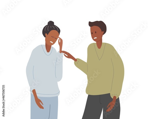 Woman suffers from obsessive thoughts, experiencing headache, stress, depression. Man sympathizes with her. Lady has stressful facial expression. Flat vector illustration. Physical injury.