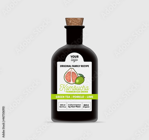 Pomelo Lime Kombucha Tea label template Bottle Packaging Isolated