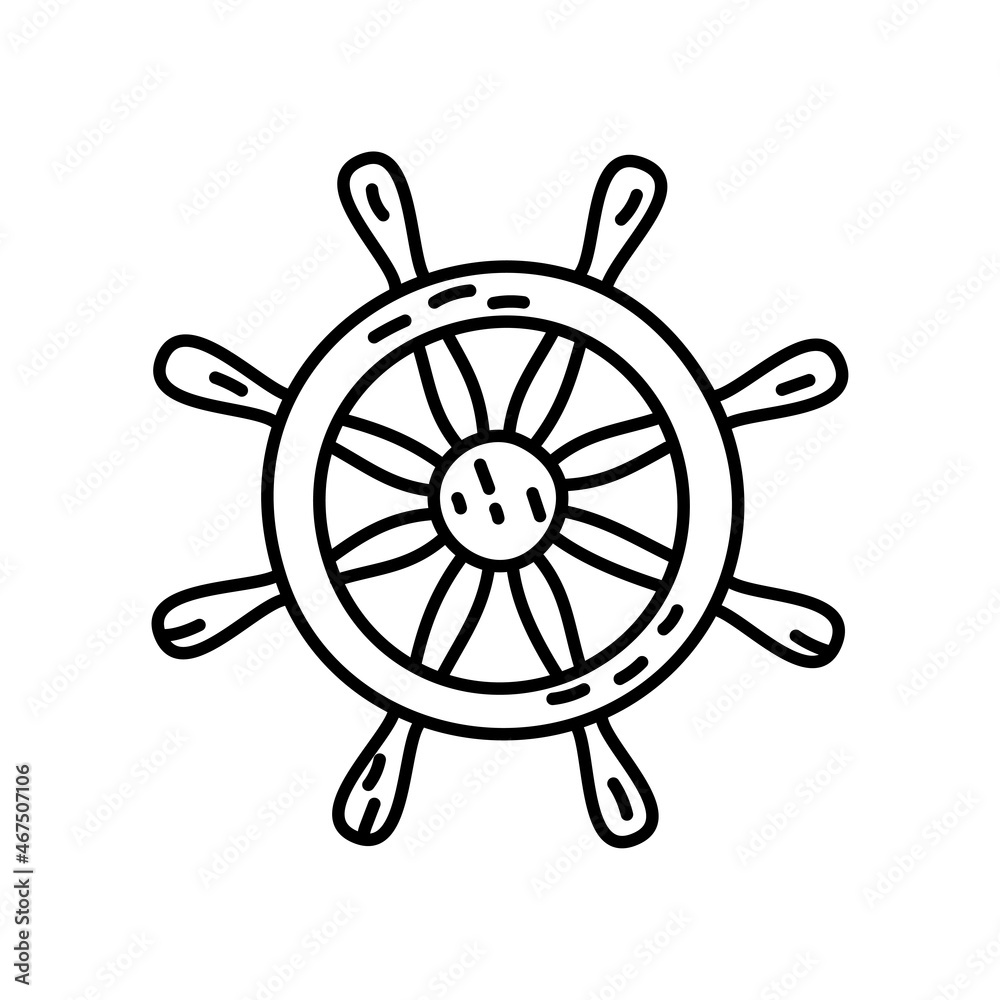 Wooden ship steering wheel. Pirate item sketch. Doodle hand drawn illustration. Vector line icon Wooden ship steering wheel. Pirate item sketch. Doodle hand drawn illustration. Vector line icon