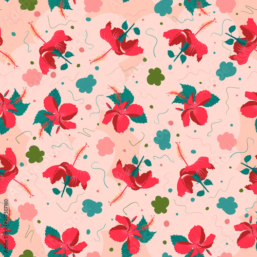 Hibiscus full drop colorful pattern motif for wearable garments, textile industry or upholstery items. Many hued various subtropical flowering illustration.
