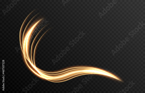 Vector glowing light lines. Neon light, light effect png. Gold line png, light waves png, magic glow, shine.
