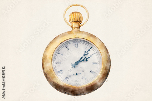 Antique golden pocket watch. Vintage Victorian timepiece, open-face watch. Clock, concept of daylight saving time, winter time. Aquarelle, watercolor illustration.