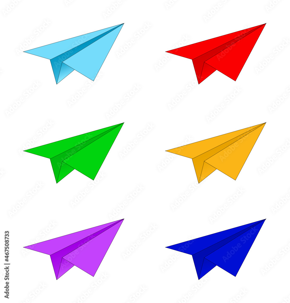 A set of 6 flat illustrations of different color paper planes, isolated on white A set of 6 flat illustrations of different color paper planes, isolated on white