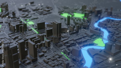 Abstract neon glowing Smart city with buildings and streets