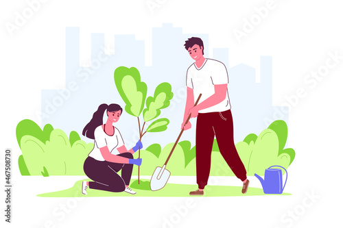 Plant  tree. Volunteers  planting  tree. Concept  environmental protection. Flat vector illustration