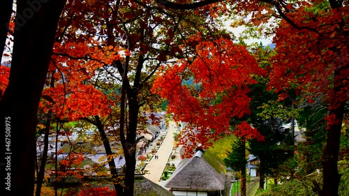 日本の秋の原風景　紅葉の名所福島県大内宿の美しい紅葉