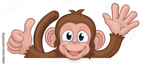 Monkey Cartoon Animal Behind Sign Thumbs Up Waving