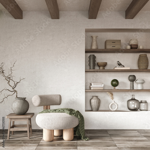 Minimalist interior design with built in wall shelves and wooden beams. Wabi sabi concept, 3d render  © Василь Чейпеш