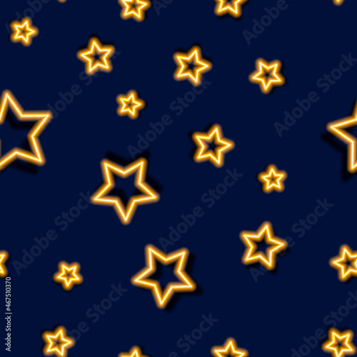 Stars neon seamless pattern. Glowing geometric figures background. Vector illustration for design, wrapping paper, fabric.