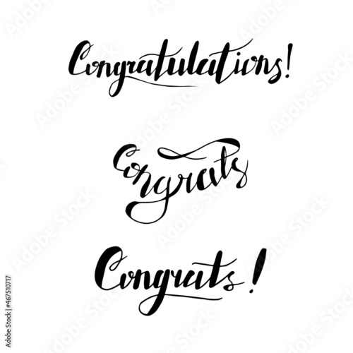 Handwritten lettering set. Congrats and congratulations phrases. Black and white isolated text for congratulations.
